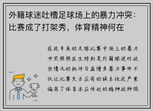 外籍球迷吐槽足球场上的暴力冲突：比赛成了打架秀，体育精神何在